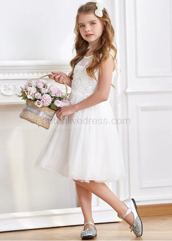 Ivory Pearl Beaded Lace Tulle V Back Flower Girl Dress